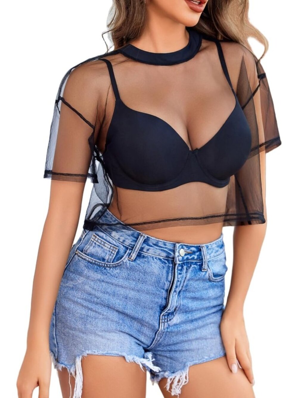 Women's Black Sexy Crop Top Mesh Long Sleeve See Through Clubwear Sheer